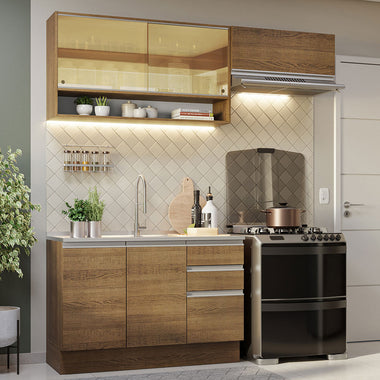 Cocina Compacta 200 cm 5 Puertas 3 Cajones Sin Mesada Marrón Glamy Madesa