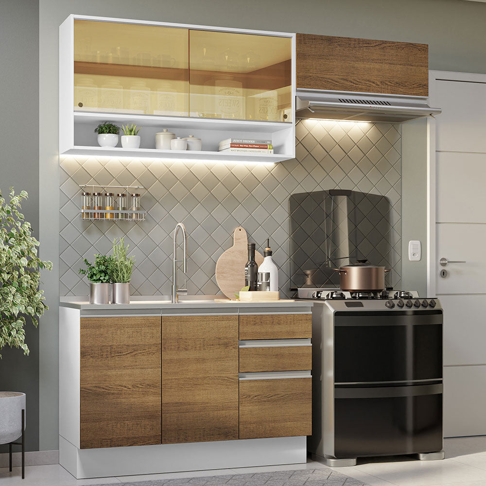 Cocina Compacta 200 cm 5 Puertas 3 Cajones Sin Mesada Blanco/Marrón Glamy Madesa