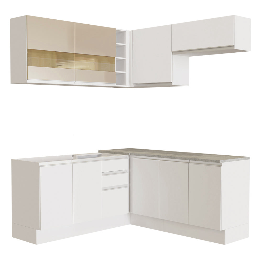Combo completo de Cocina Esquinera 349 cm 9 Puertas 3 Cajones Sin Mesada Blanco/Crema Glamy Madesa