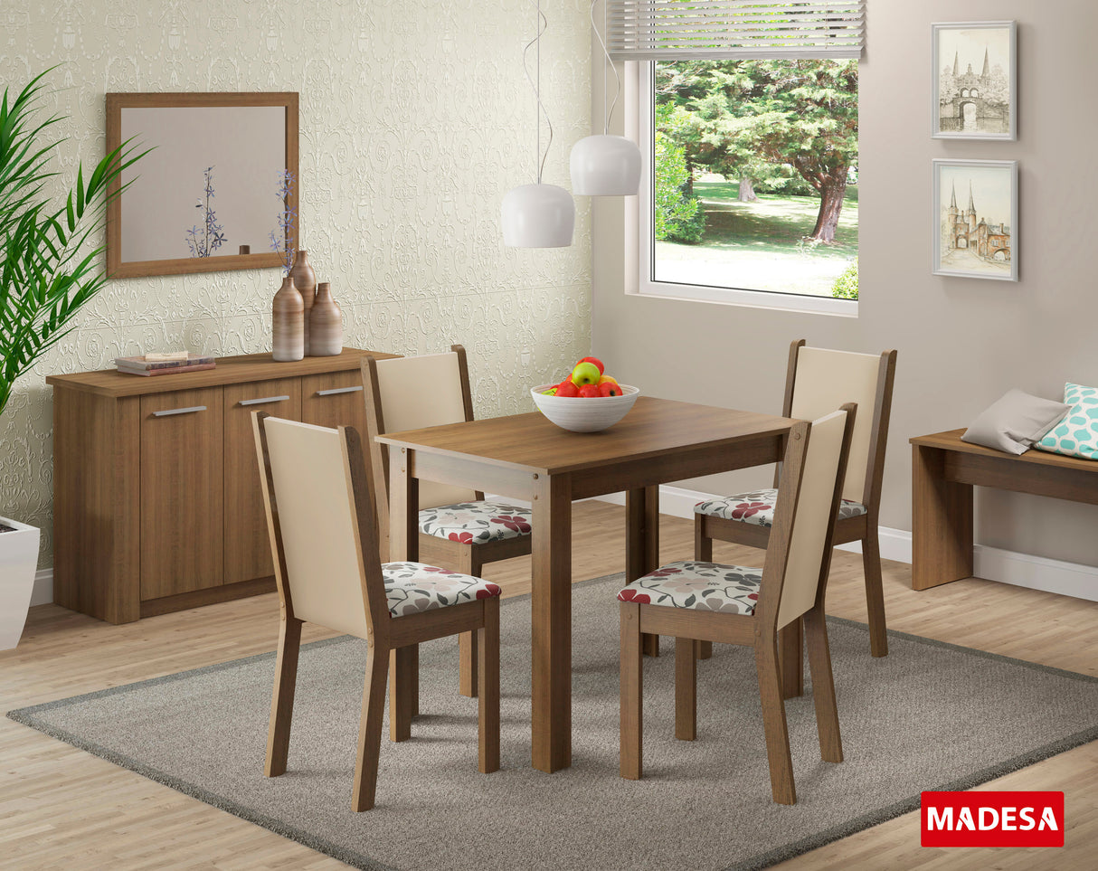 Juego de Comedor Madesa Cíntia Mesa Tapa de Madera con 4 Sillas Marrón/Crema/Hibiscos