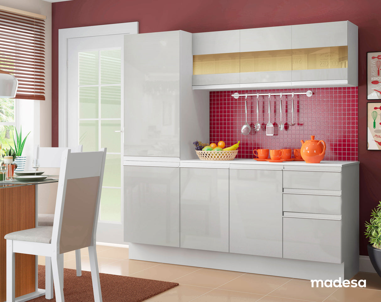 Cocina Compacta Smart 100% MDF Puertas Brillante 170 cm 8 Puertas 2 Cajones (Con Mesada) Blanco Madesa