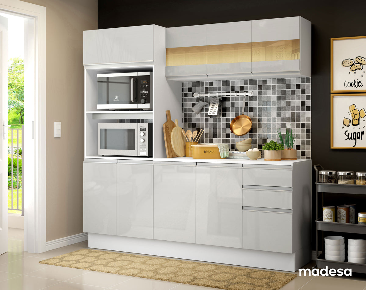 Cocina Compacta Smart 100% MDF Puertas Brillante XP 190 cm 9 Puertas 2 Cajones (Con Mesada) Blanco Madesa