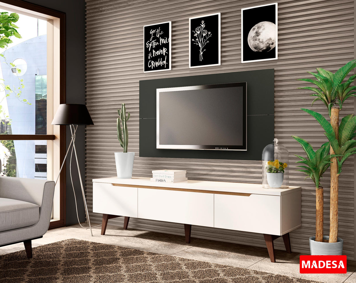 Rack Madesa Reims con Panel para TV hasta 55 Pulgadas 2 Puertas y 1 Cajón Blanco/Negro