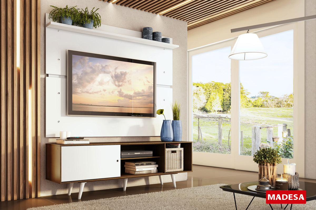 Rack Dubai con Panel de TV hasta 65 Pulgadas 160 cm con Patas Marrón/Blanco/Blanco Madesa