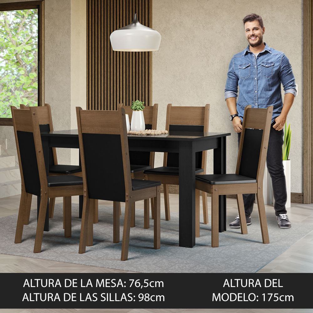 Conjunto Comedor Mesa Mesada de Vidro 6 Sillas Negro/Marrón Dora Madesa
