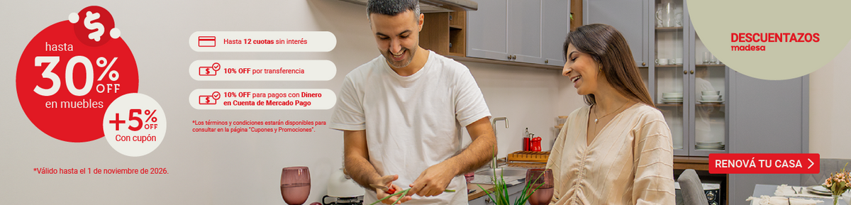 Pareja en cocina Madesa. Descuentazos: hasta 30% OFF, 5% extra con cupón y hasta 12 CSI. Válido hasta el 1/11/2026.