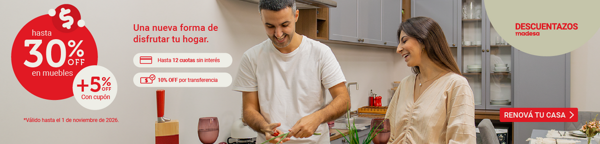 Pareja en cocina Madesa. Descuentazos: hasta 30% OFF, 5% extra con cupón y hasta 12 CSI. Válido hasta el 1/11/2026.