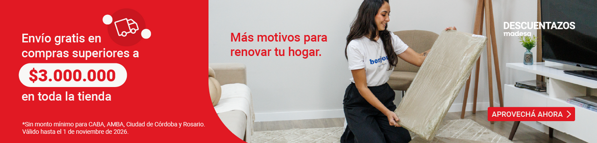 Mujer desempacando mueble Madesa. Descuentazos: envío gratis en compras superiores a $3.000.000. Válido hasta el 1/11/2026.