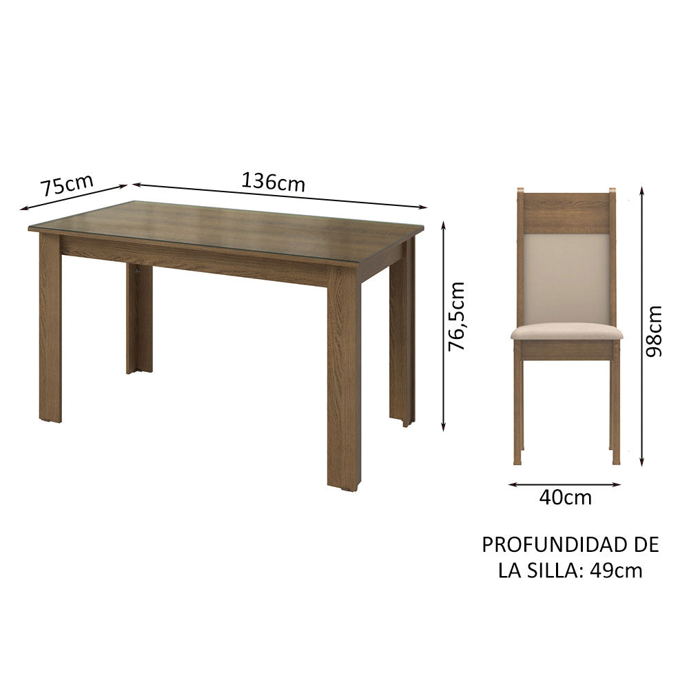 Conjunto Comedor Mesa Mesada de Vidro 6 Sillas Marrón/Crema/Bege Zoe Madesa