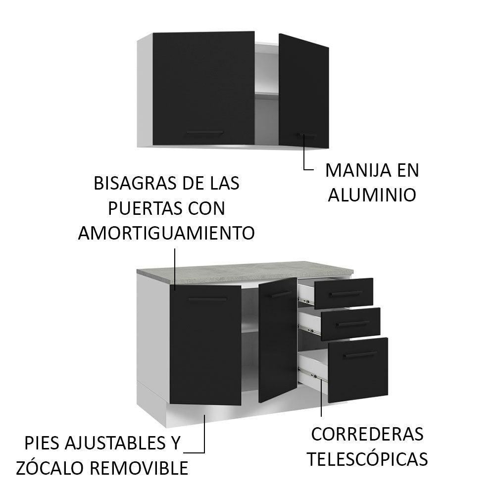 Kit con Bajo Mesada y Alacena Multiuso 120 cm Blanco/Negro Agata Madesa