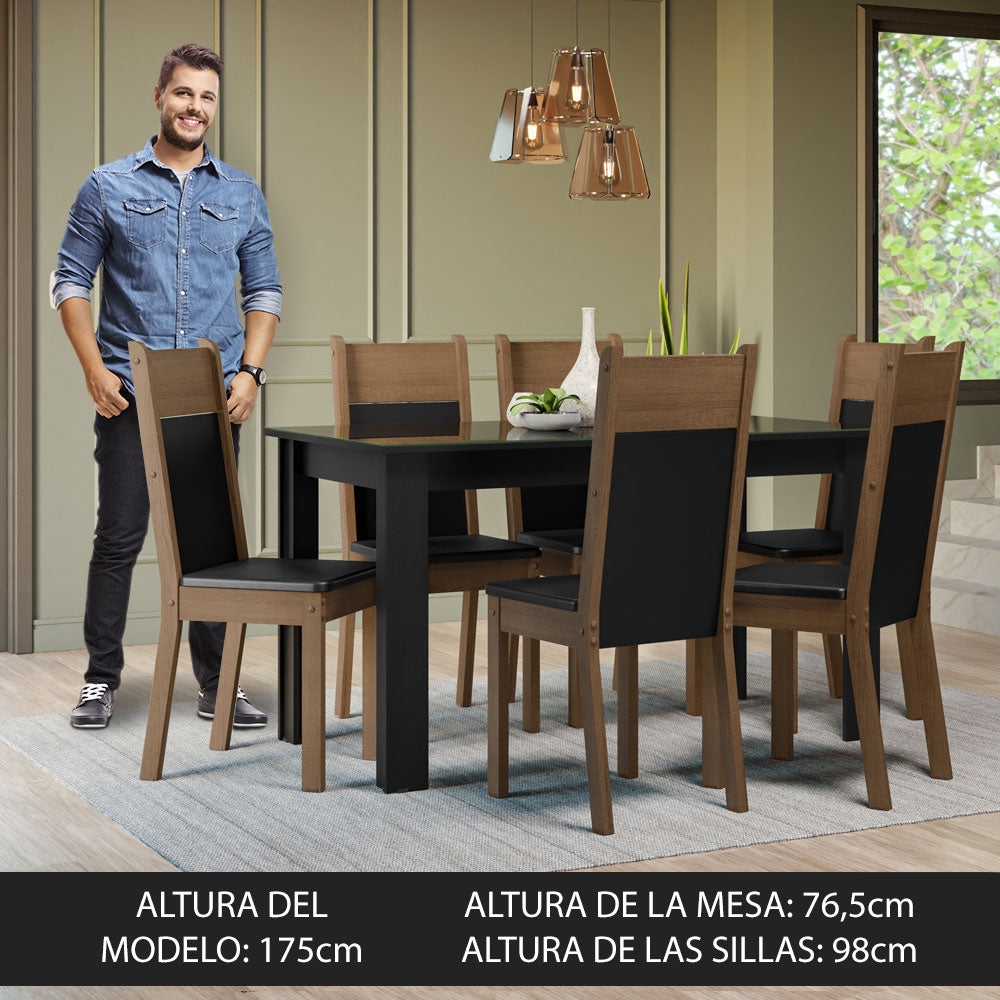 Conjunto Comedor Mesa Mesada de Vidro 6 Sillas Negro/Marrón Zoe Madesa