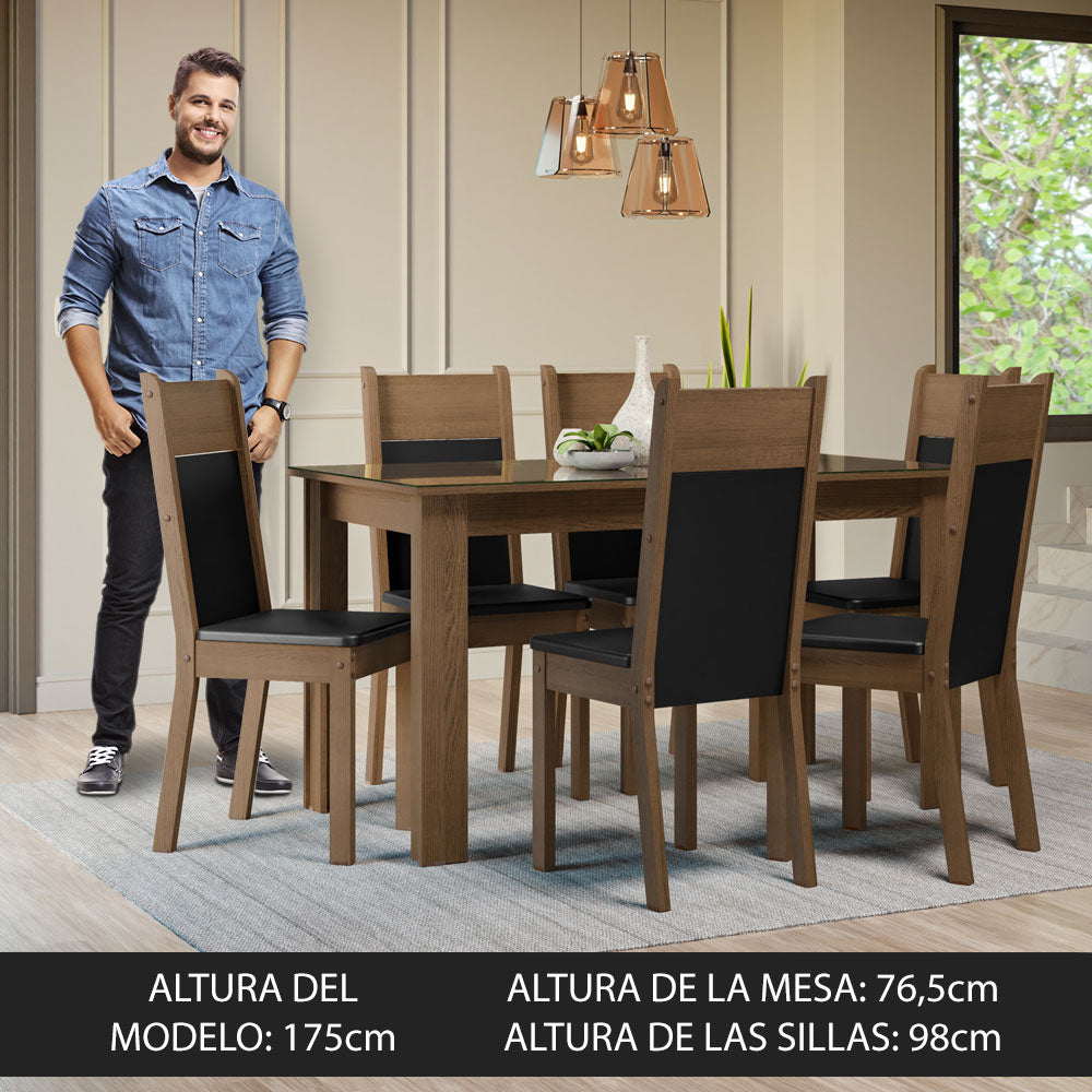 Conjunto Comedor Mesa Mesada de Vidro 6 Sillas Marrón/Negro Zoe Madesa