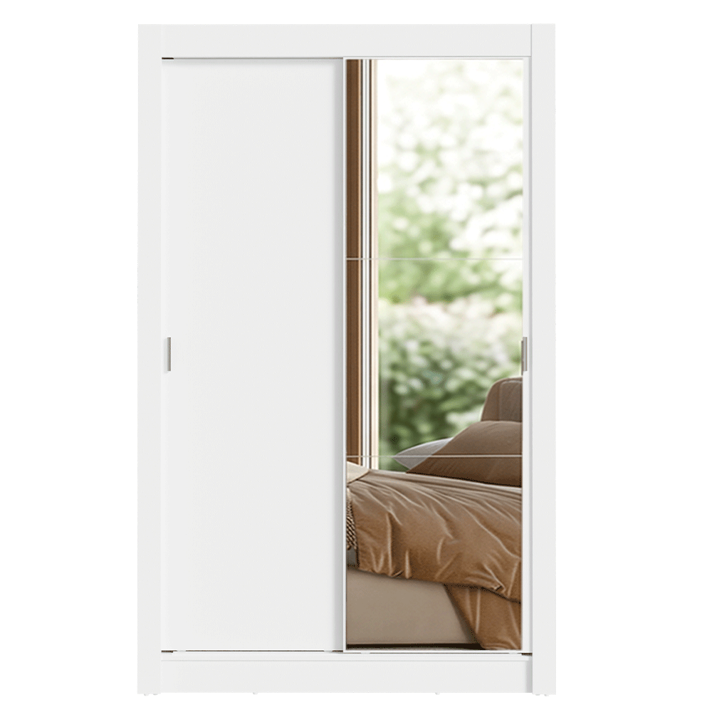 Kit Dormitorio Individual 2 Puertas Corredizas con 1 Espejo y Chifonier 6 Cajones Blanco Madesa