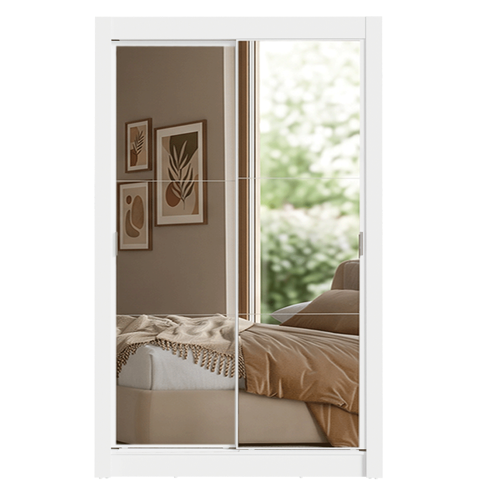 Kit Dormitorio Individual 2 Puertas Corredizas con 2 Espejos y Chifonier 6 Cajones Blanco Madesa