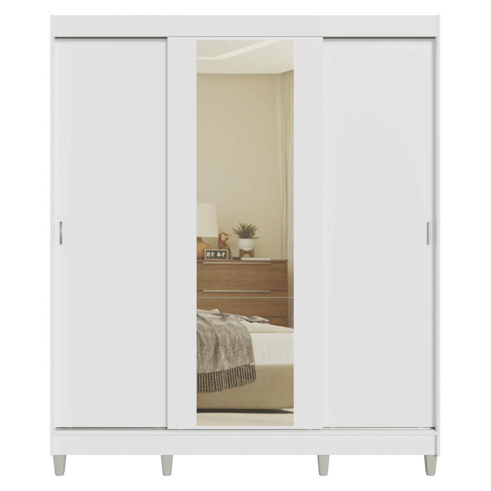 Placard Matrimonial con Patas 180 cm 3 Puertas con Espejo Reno Blanco