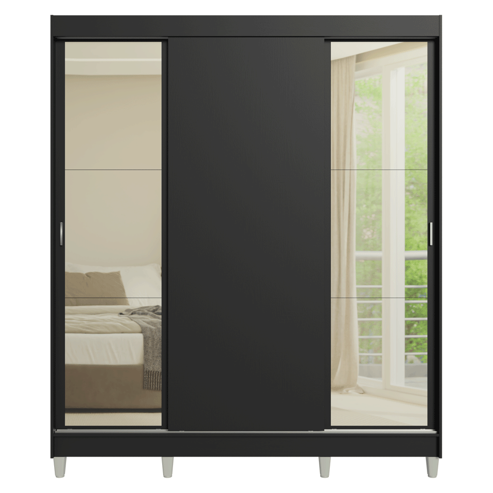 Placard Matrimonial con Patas 180 cm 3 Puertas con Espejos Reno Negro