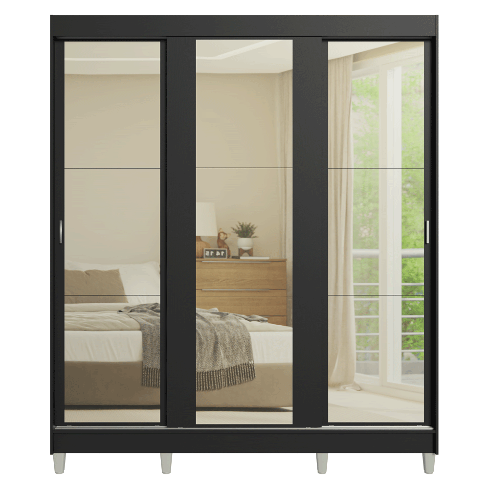 Placard Matrimonial con Patas 180 cm 3 Puertas con 3 Espejos Reno Negro