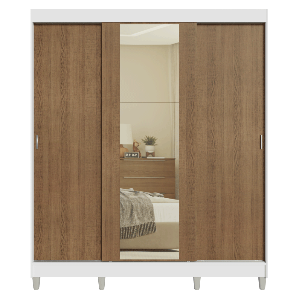 Placard Matrimonial con Patas 180 cm 3 Puertas con Espejo Reno Blanco/Marrón