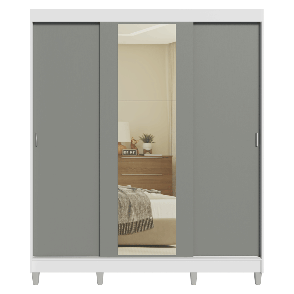 Placard Matrimonial con Patas 180 cm 3 Puertas con Espejo Reno Blanco/Gris
