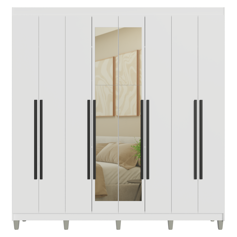 Placard Matrimonial Con Patas 216 cm 8 Puertas Batientes con Espejo Venus Blanco/Blanco/Negro
