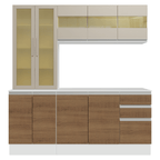 Cocina Compacta 180 cm 10 Puertas 2 Cajones 100% MDF con Cristalero Blanco/Marrón/Crema Smart Madesa