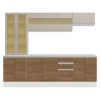 Combo Completo de Cocina 240 cm 13 Puertas 2 Cajones 100% MDF con Cristalero Blanco/Marrón/Crema Smart Madesa
