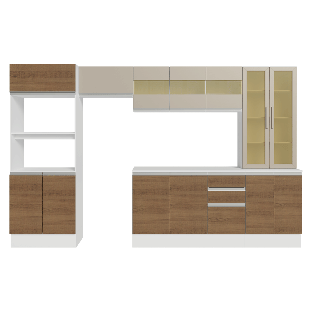 Combo completo de Cocina Smart 100% MDF 310 cm 14 Puertas 3 Cajones (Con Mesada) Blanco/Marrón/Crema Madesa