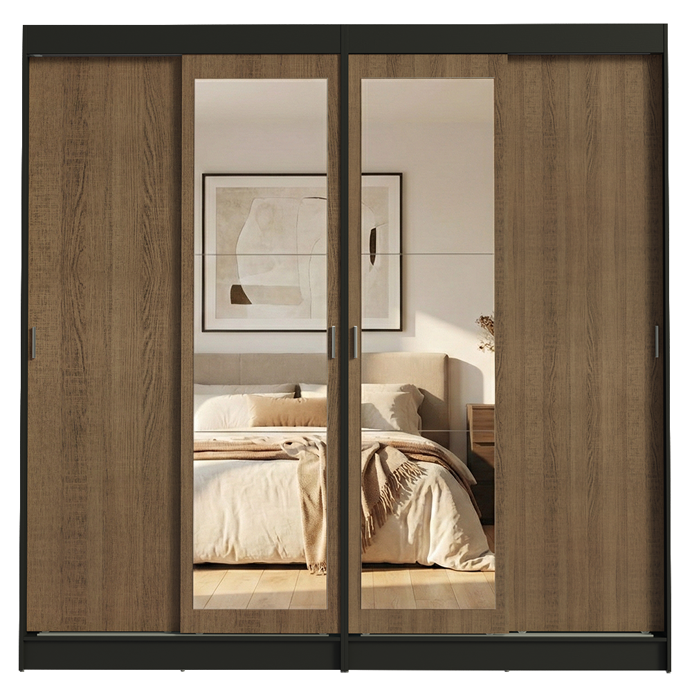 Conjunto 2 Placares 4 Puertas Corredizas con 2 Espejos Negro/Marrón Tokio Madesa