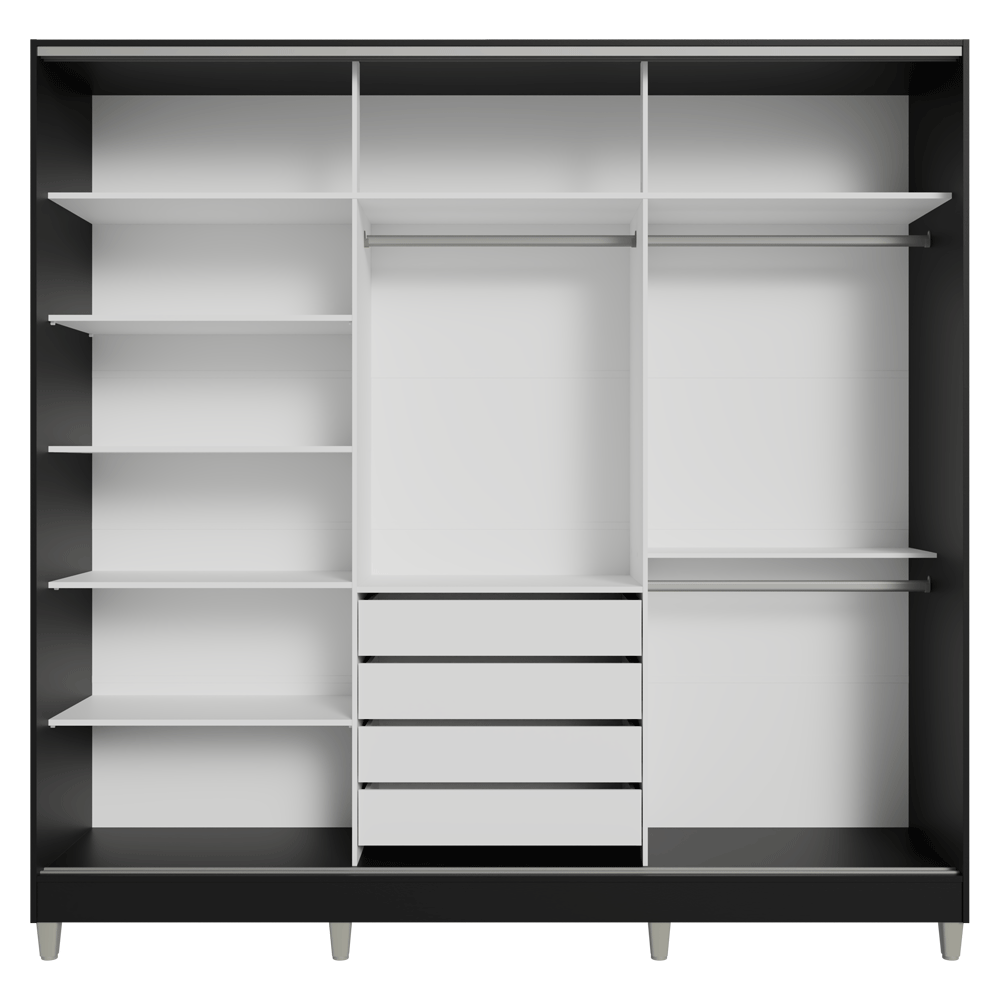Placard Matrimonial Malta 231 cm 3 Puertas Corredizas 4 Cajones con Patas 100% MDF Negro Madesa