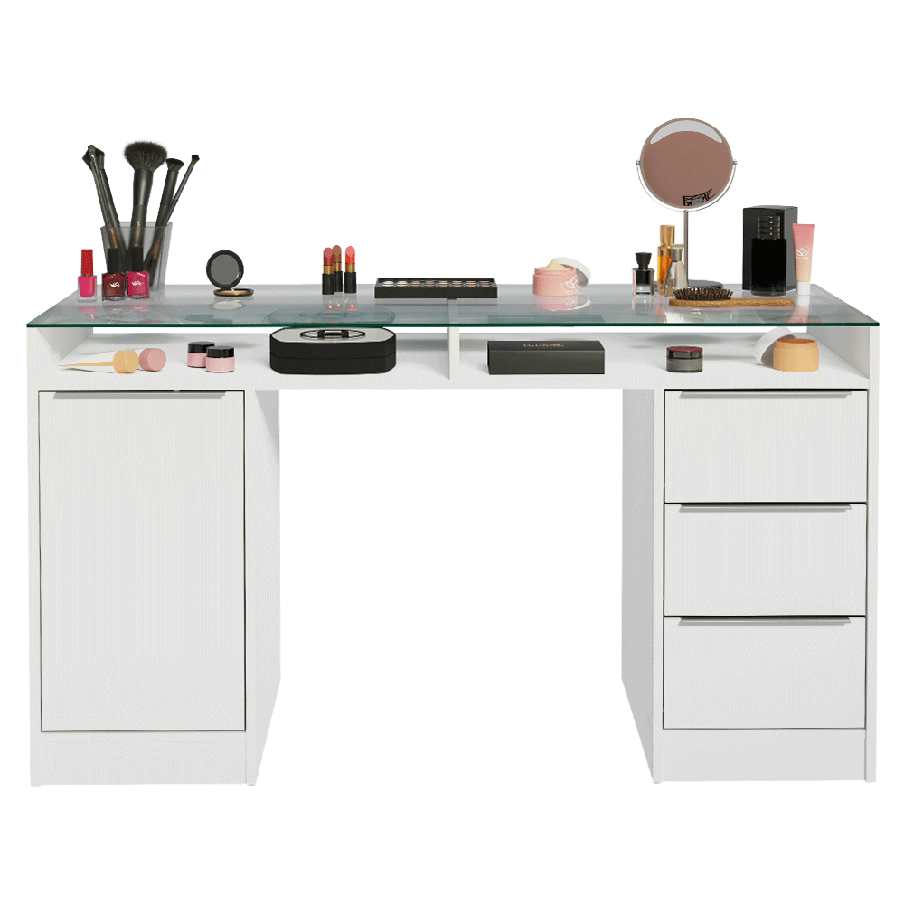 Escritorio Tocador 136cm 1 Puerta 3 Cajones Mesada Vidro Blanco Madesa