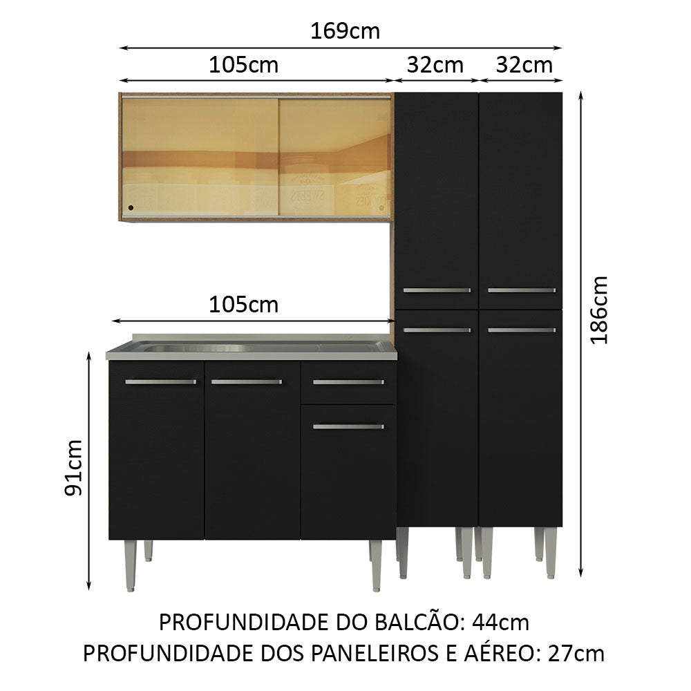 Combo de Cocina 169 cm con Bacha Emilly Marrón/Negro 12
