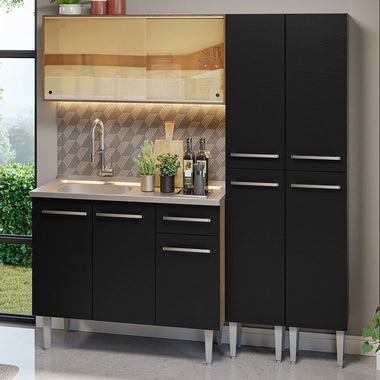 Cocina Compacta 169 cm 9 Puertas 1 Cajón con Bacha de Acero Inoxidable Marrón/Negro Emilly Madesa