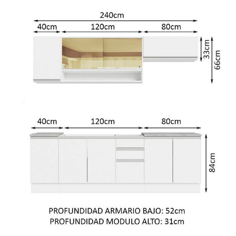 Cocina Integral 240cm Con Mesón de Acero Blanco Glamy Madesa 04