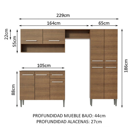 Cocina Integral 229cm Sin Mesón De Acero Marrón Emilly Pop Madesa 02