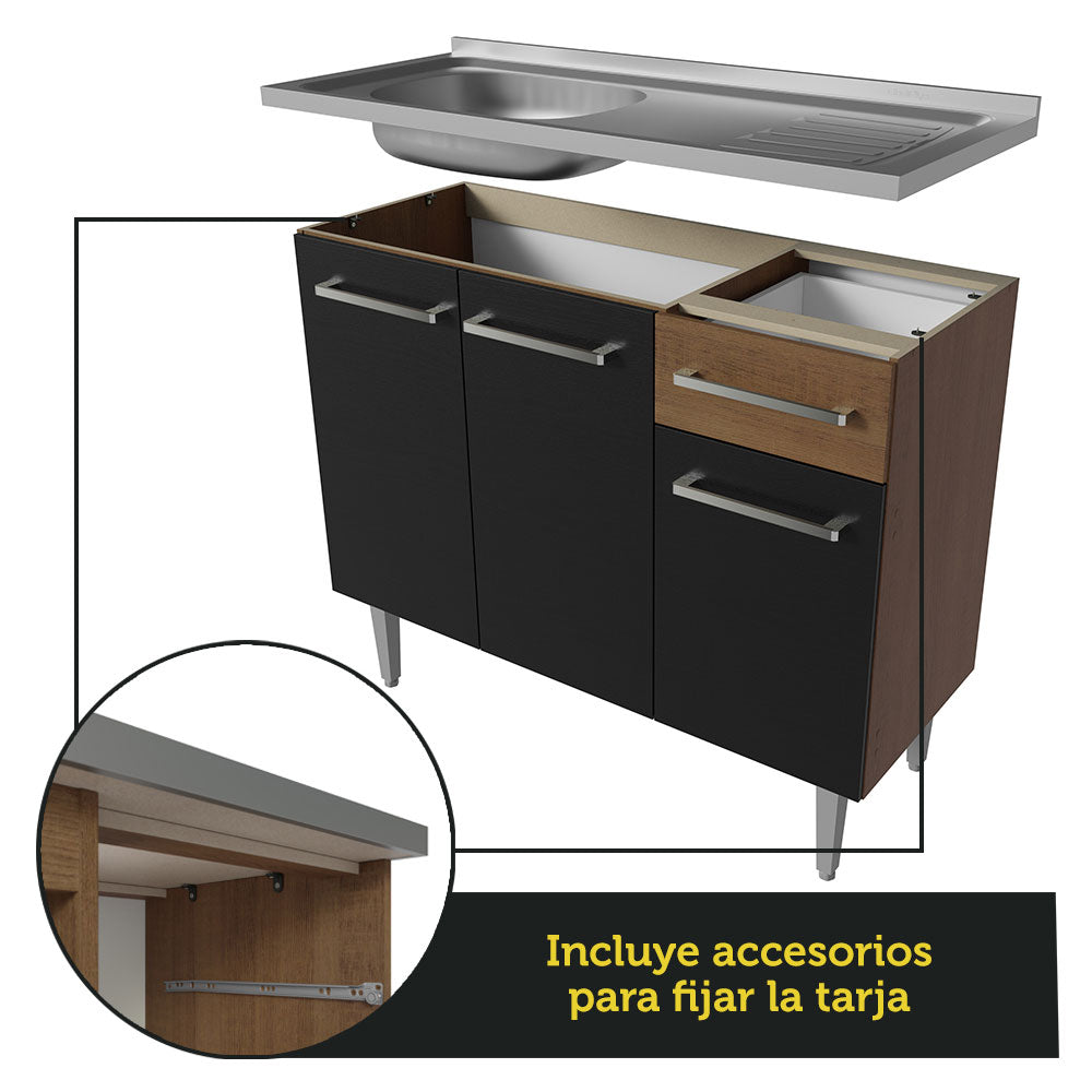 Combo completo de Cocina 293 cm 13 Puertas 1 Cajón con Bacha de Acero Inoxidable Marrón/Negro Emilly Madesa 09