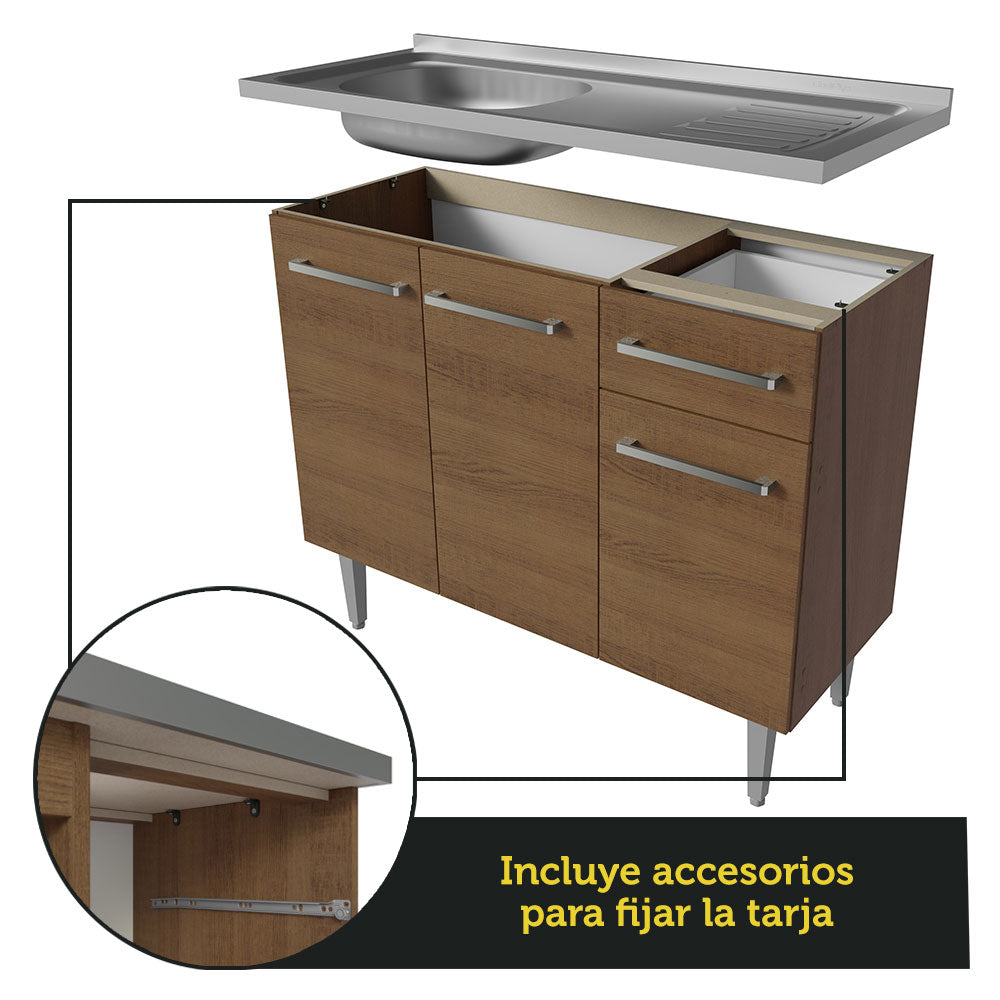Combo completo de Cocina 229 cm 9 Puertas 1 Cajón con Bacha de Acero Inoxidable Marrón Emilly Madesa