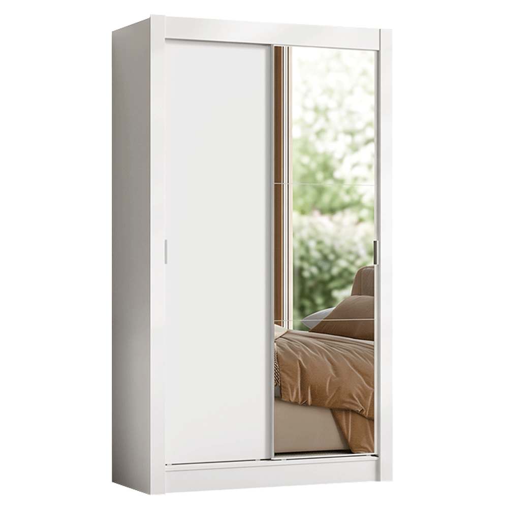 Kit Dormitorio Individual 2 Puertas Corredizas con 1 Espejo y Chifonier 6 Cajones Blanco Madesa