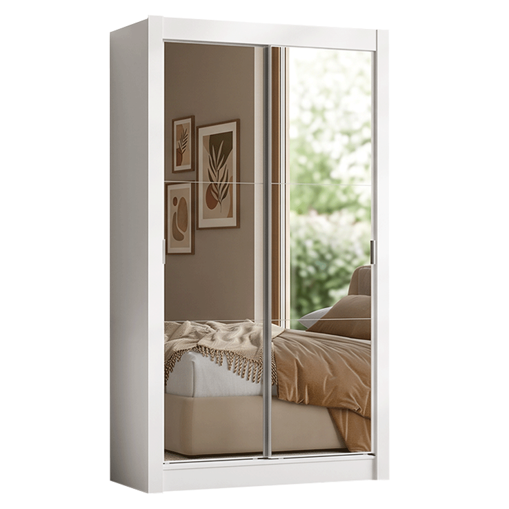 Kit Dormitorio Individual 2 Puertas Corredizas con 2 Espejos y Chifonier 6 Cajones Blanco Madesa