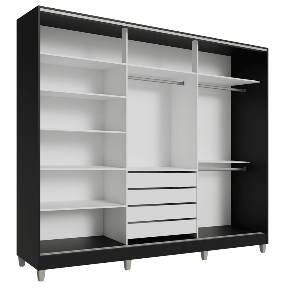 Placard Matrimonial Malta 231 cm 3 Puertas Corredizas 4 Cajones con Patas 100% MDF Negro Madesa