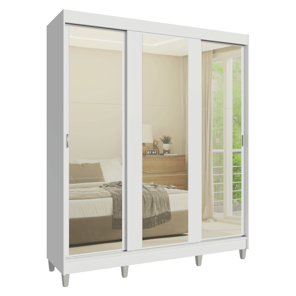 Placard Matrimonial con Patas 180 cm 3 Puertas con 3 Espejos Reno Blanco