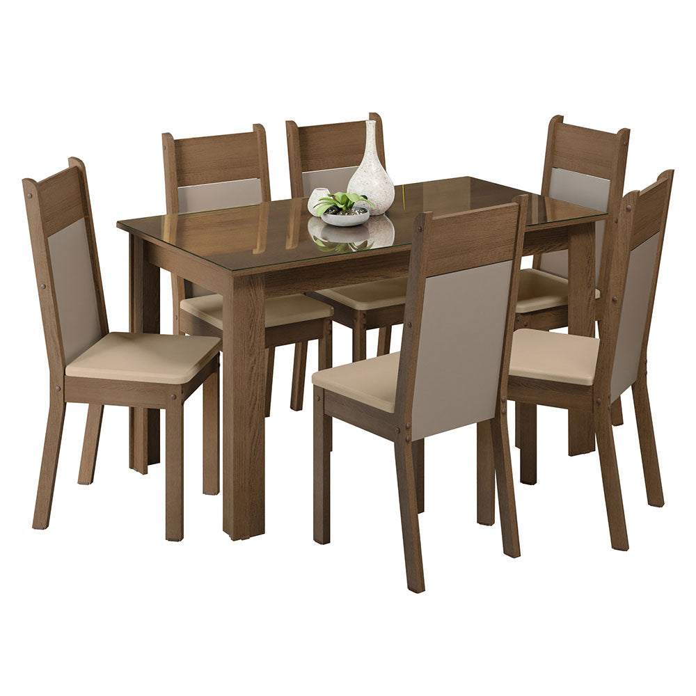 Conjunto Comedor Mesa Mesada de Vidro 6 Sillas Marrón/Crema/Bege Zoe Madesa
