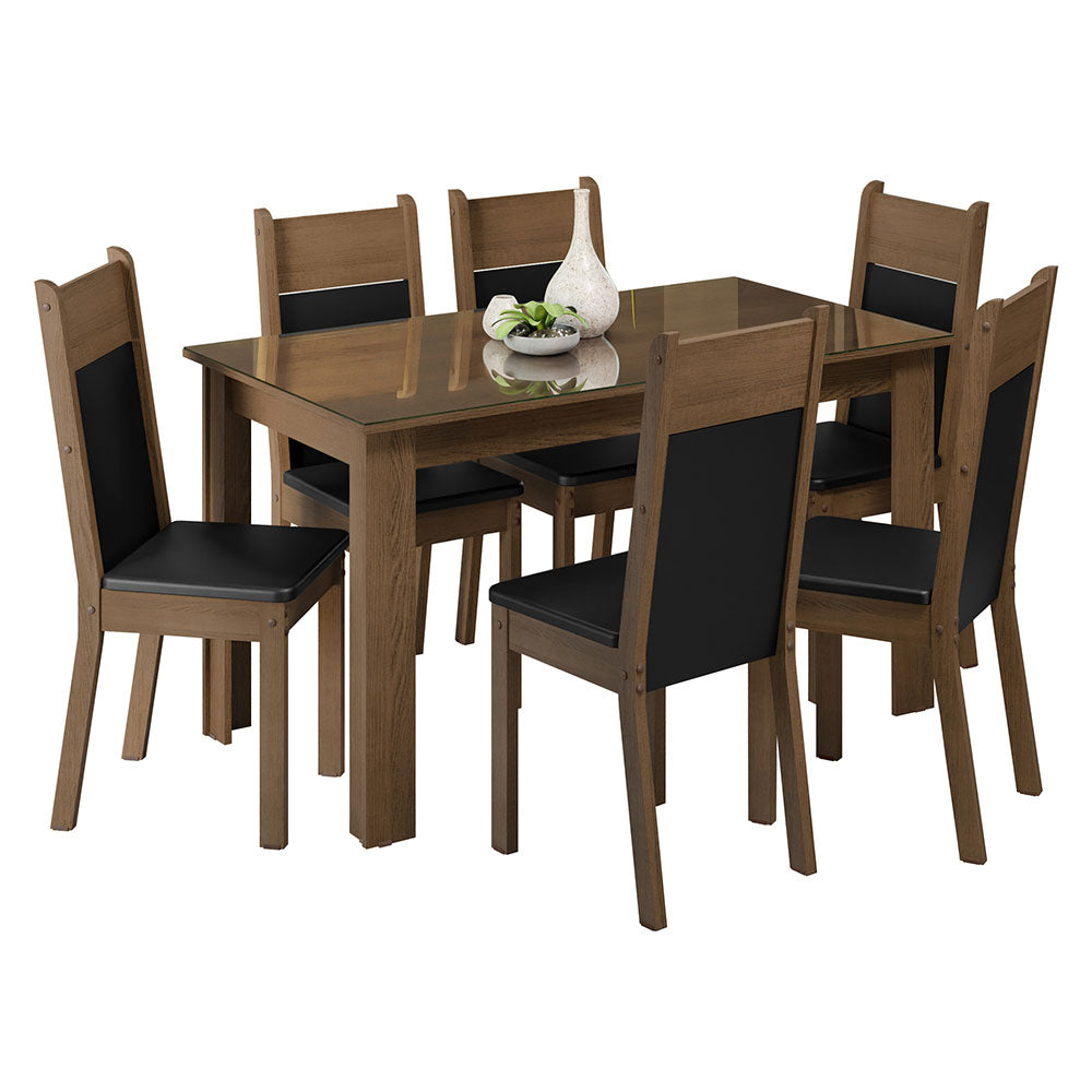 Conjunto Comedor Mesa Mesada de Vidro 6 Sillas Marrón/Negro Zoe Madesa