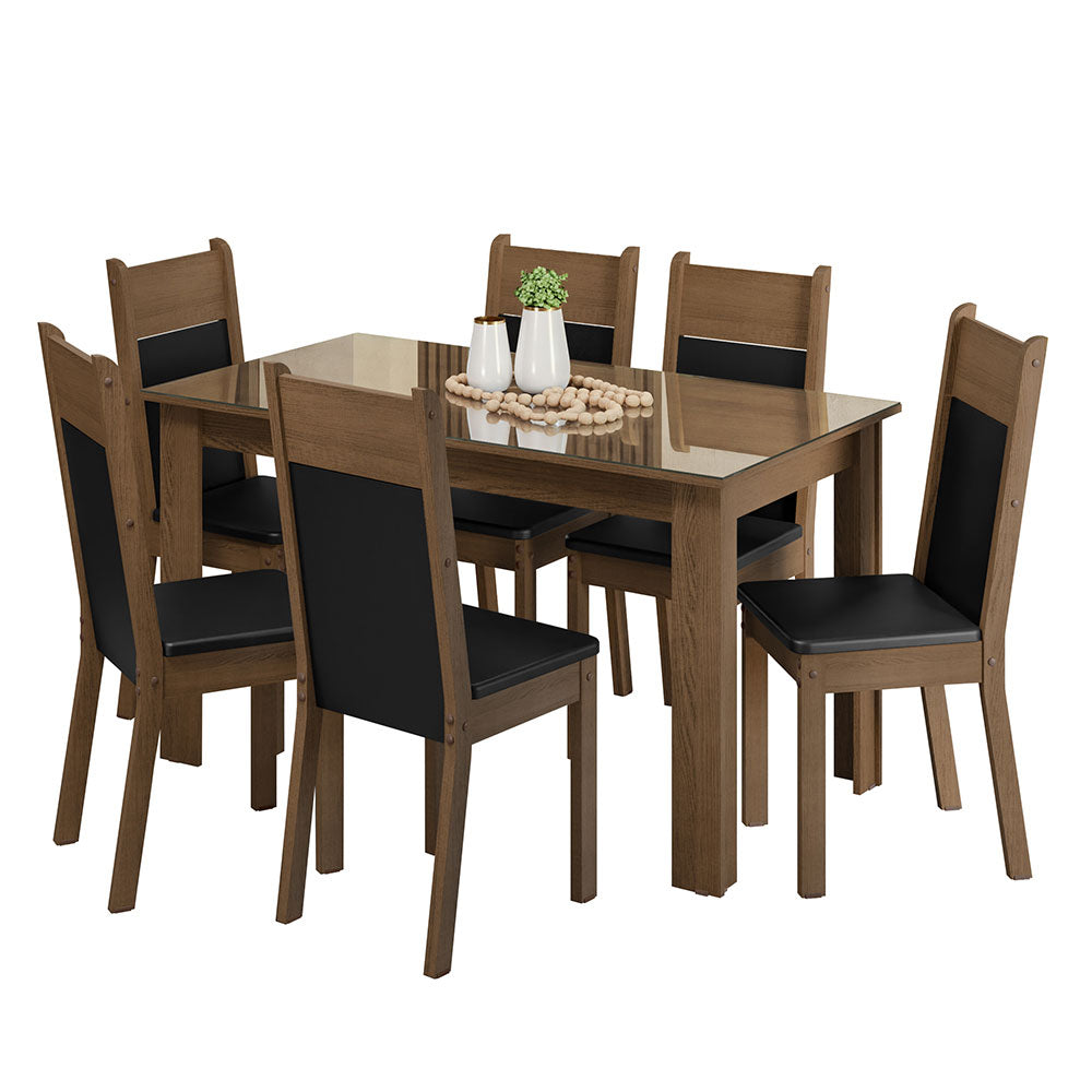 Conjunto Comedor Mesa Mesada de Vidro 6 Sillas Marrón/Negro Dora Madesa