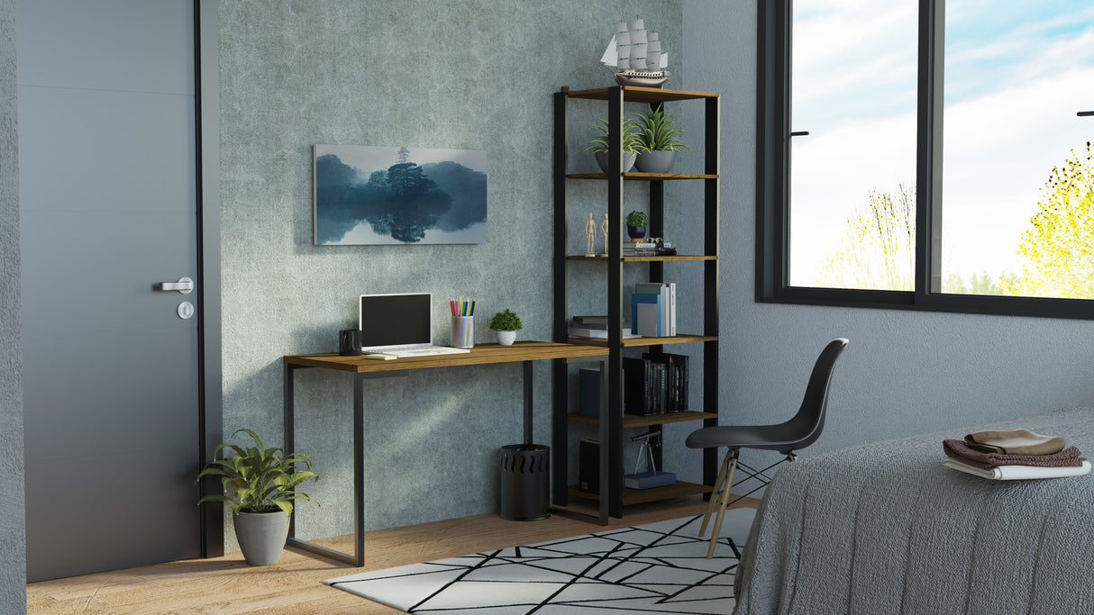 Combo Escritorio/Oficina con Mesa Industrial + Estante Negro/Marrón Madesa